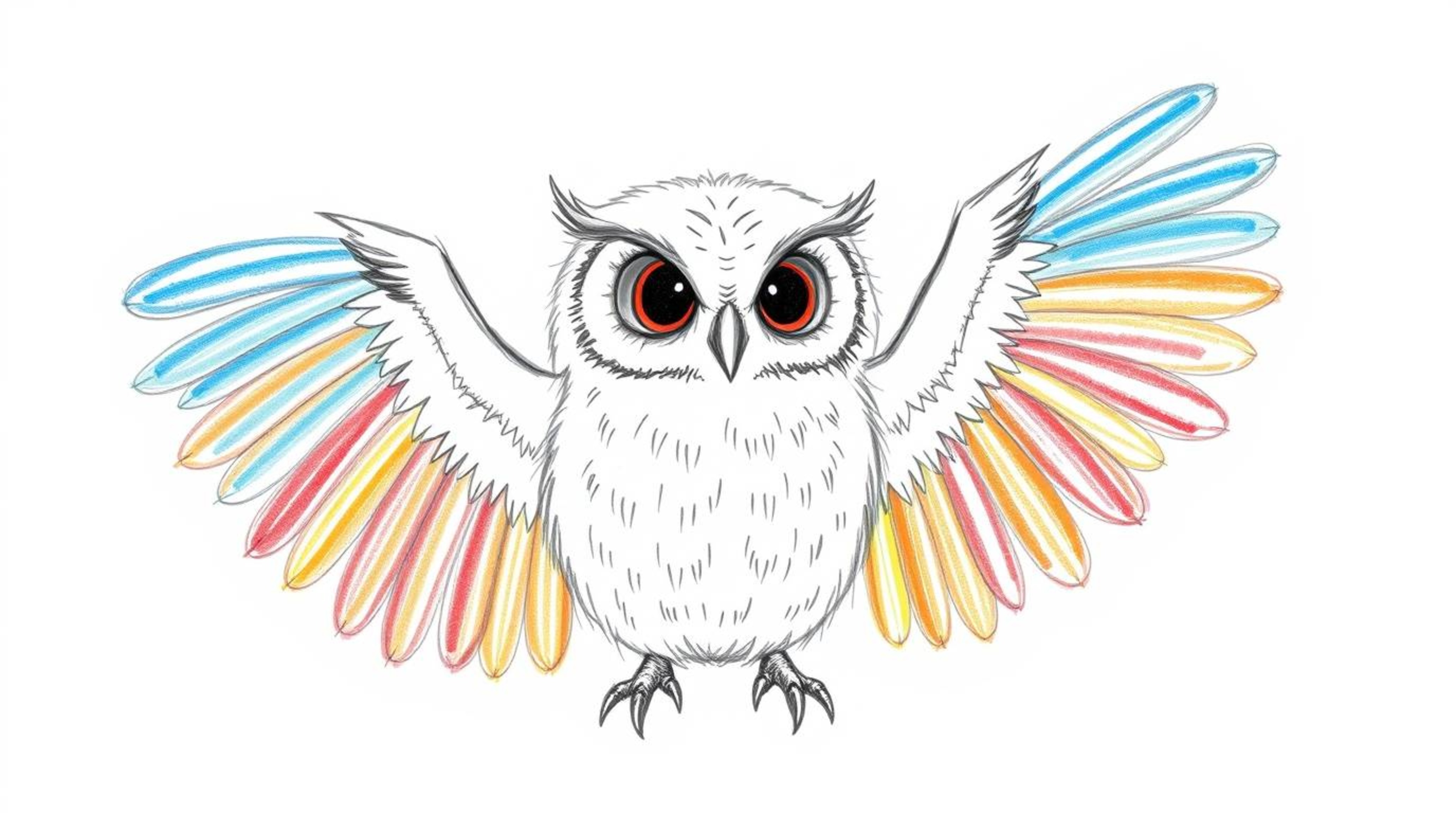 A hand-drawn sketch in Pixar style depicts a blind owl with downy feathers and a serene expression, guiding birds. The birds 