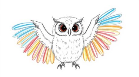 A hand-drawn sketch in Pixar style depicts a blind owl with downy feathers and a serene expression, guiding birds. The birds 