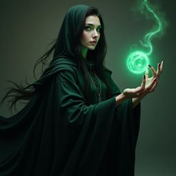 A powerful sorcerer with an enigmatic presence is depicted wearing a flowing cloak made of shadows. They hold a radiant orb p