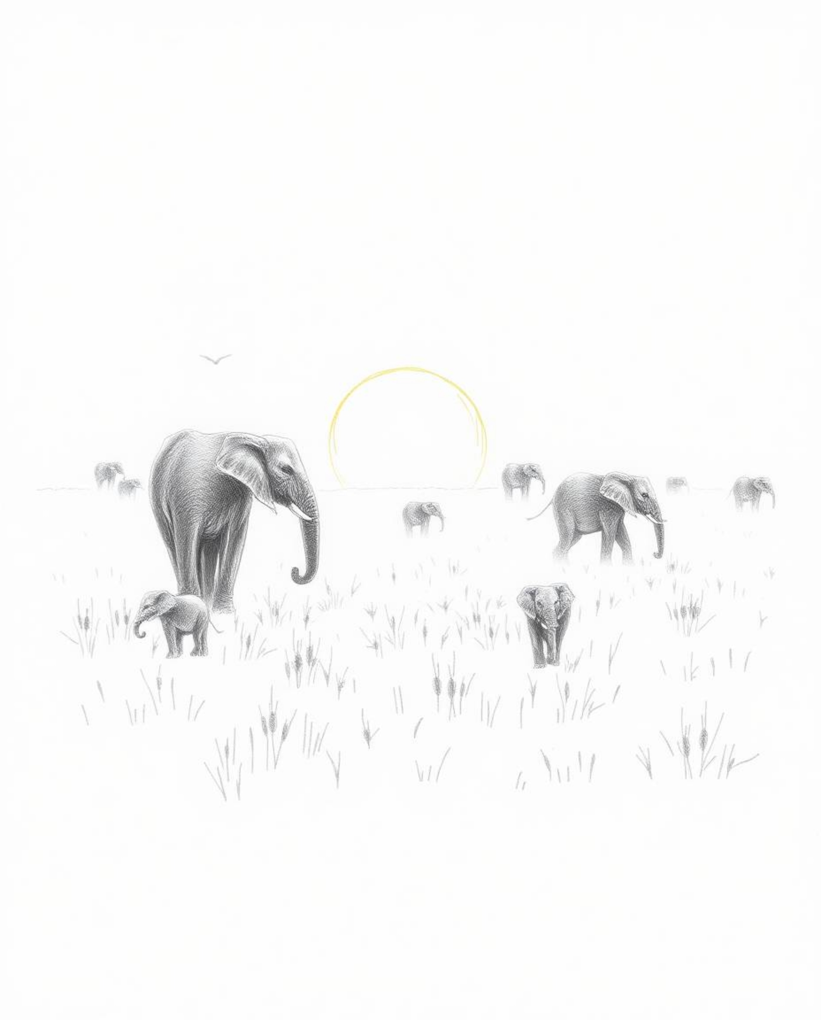 A hand-drawn sketch of elephants walking across a field at sunset, rendered in rough pencil strokes with thick fog reducing v