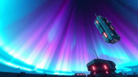 Explore a futuristic sci-fi world through low-angle perspectives, showcasing gradient textures inspired by the aurora boreali