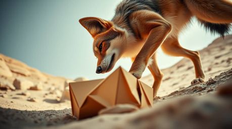 A low-angle perspective captures an intricately designed origami-style scene of a coyote meticulously setting a desert trap. 