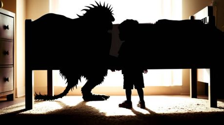 A captivating image depicting a unique friendship between a child and a monster hiding under the bed.  The striking split com