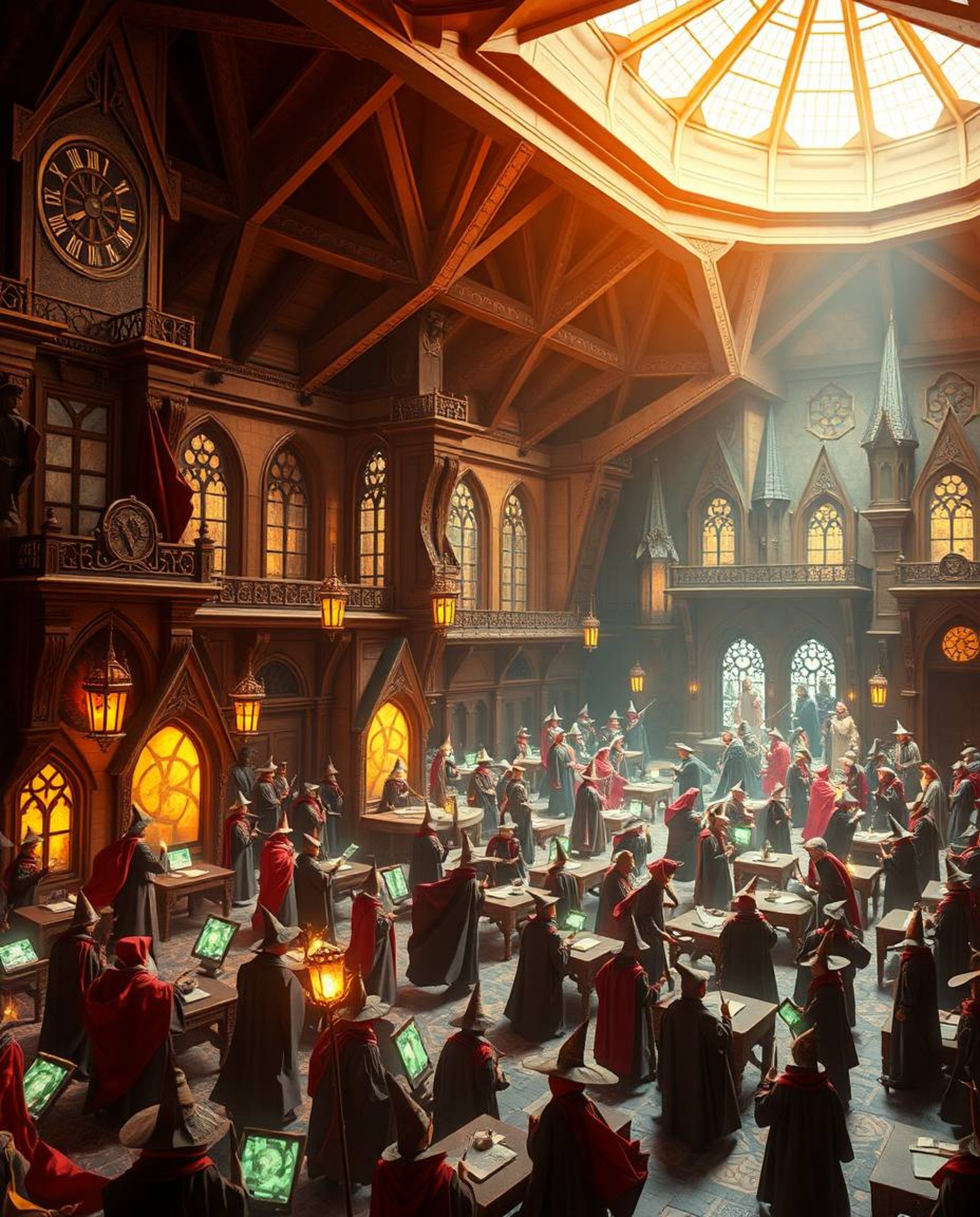 Immerse yourself in a grand, epic scene of a magical school teeming with young wizards, all rendered in an intricate origami 