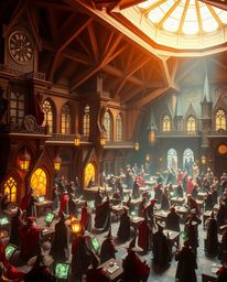 Immerse yourself in a grand, epic scene of a magical school teeming with young wizards, all rendered in an intricate origami 