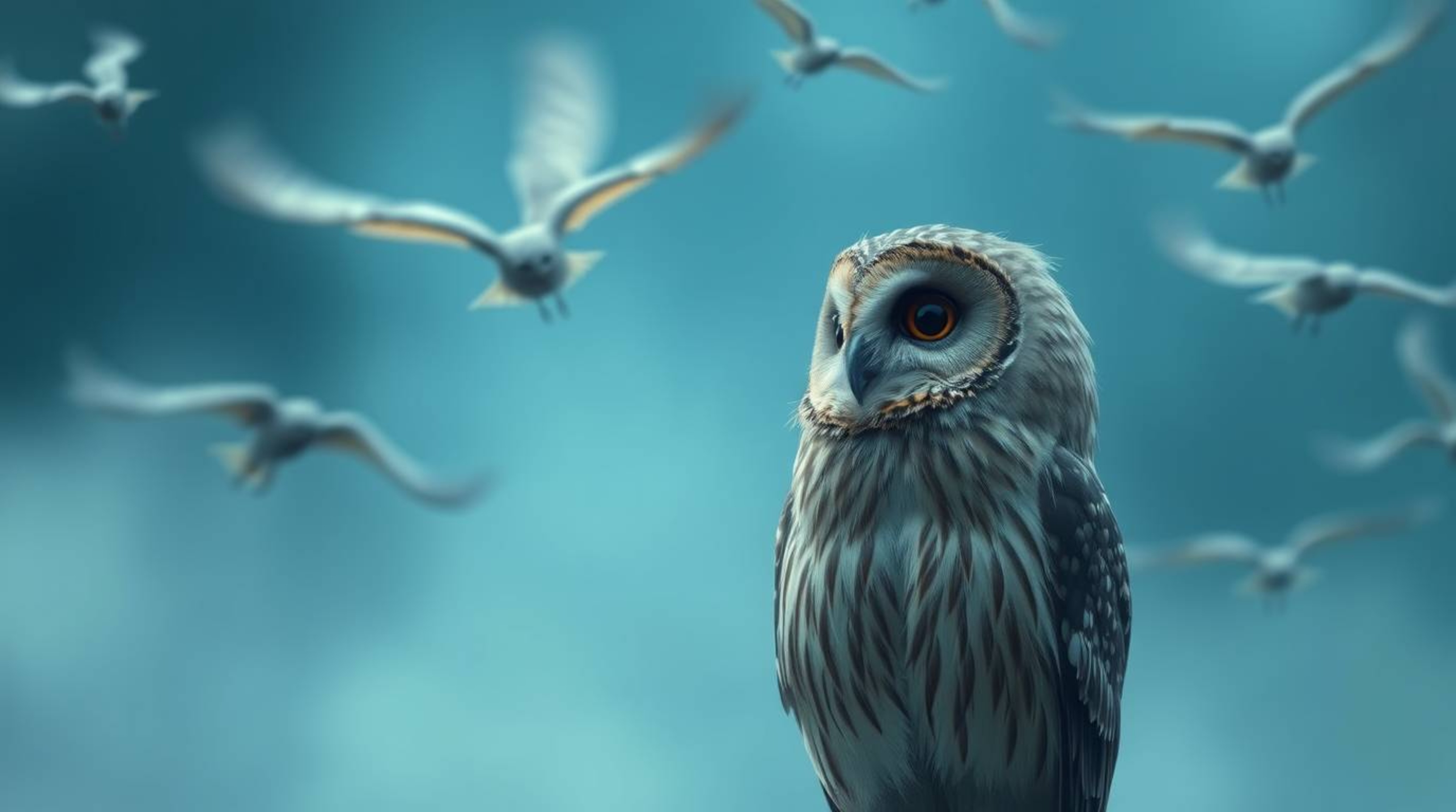 A long exposure photo, enveloped in a soft cinematic haze, features a wise, blind owl rendered in a Pixar-style. With light b
