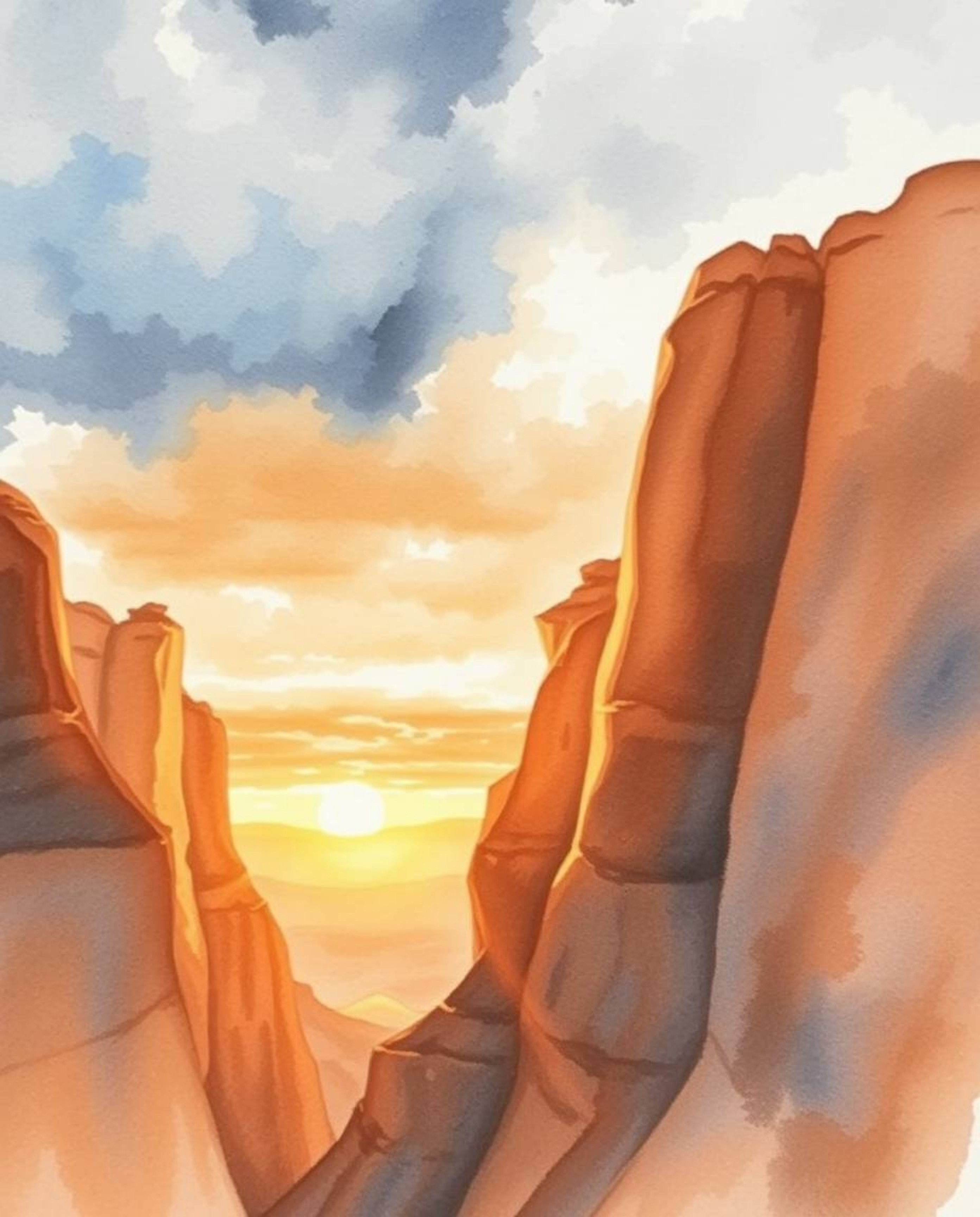A delicate watercolor painting captures a sunset illuminating sandstone cliffs in a canyon, characterized by its translucent 