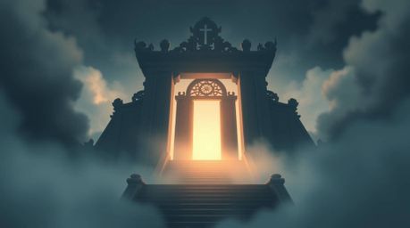 A mysterious heavenly gate, rendered in the style of Isekai anime, materializes amidst thick fog, adding to the scene's enigm