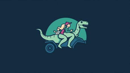 A striking geometric logo design features a prehistoric family enjoying a ride in a dinosaur-shaped car.  The clean lines, ba