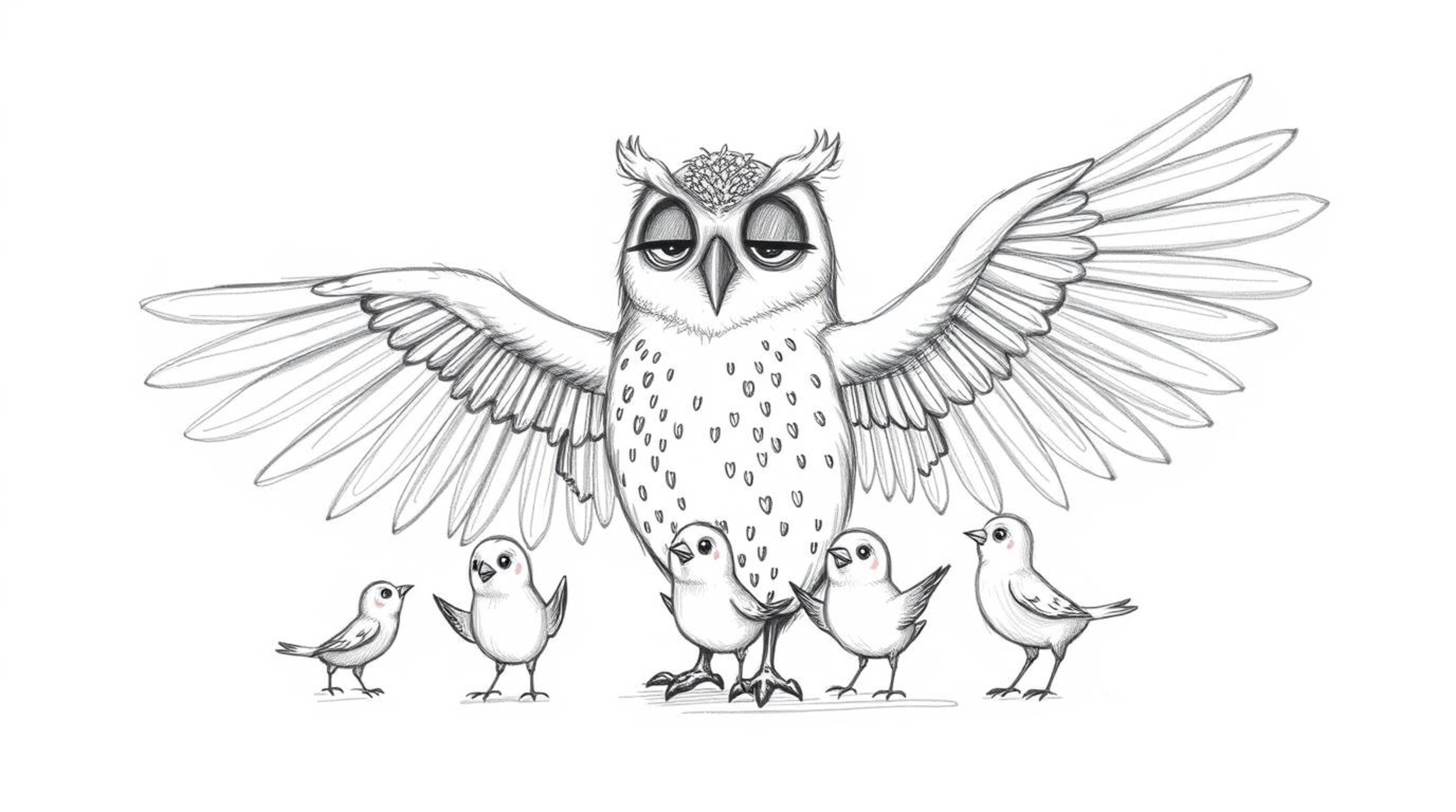 A heartwarming hand-drawn sketch in the style of Pixar depicts a blind owl with gentle features guiding several small birds. 