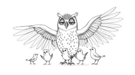 A heartwarming hand-drawn sketch in the style of Pixar depicts a blind owl with gentle features guiding several small birds. 