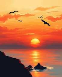 This is a painterly style artwork of a warm sunset over a coastal cliff. Soaring birds are silhouetted against a sky filled w