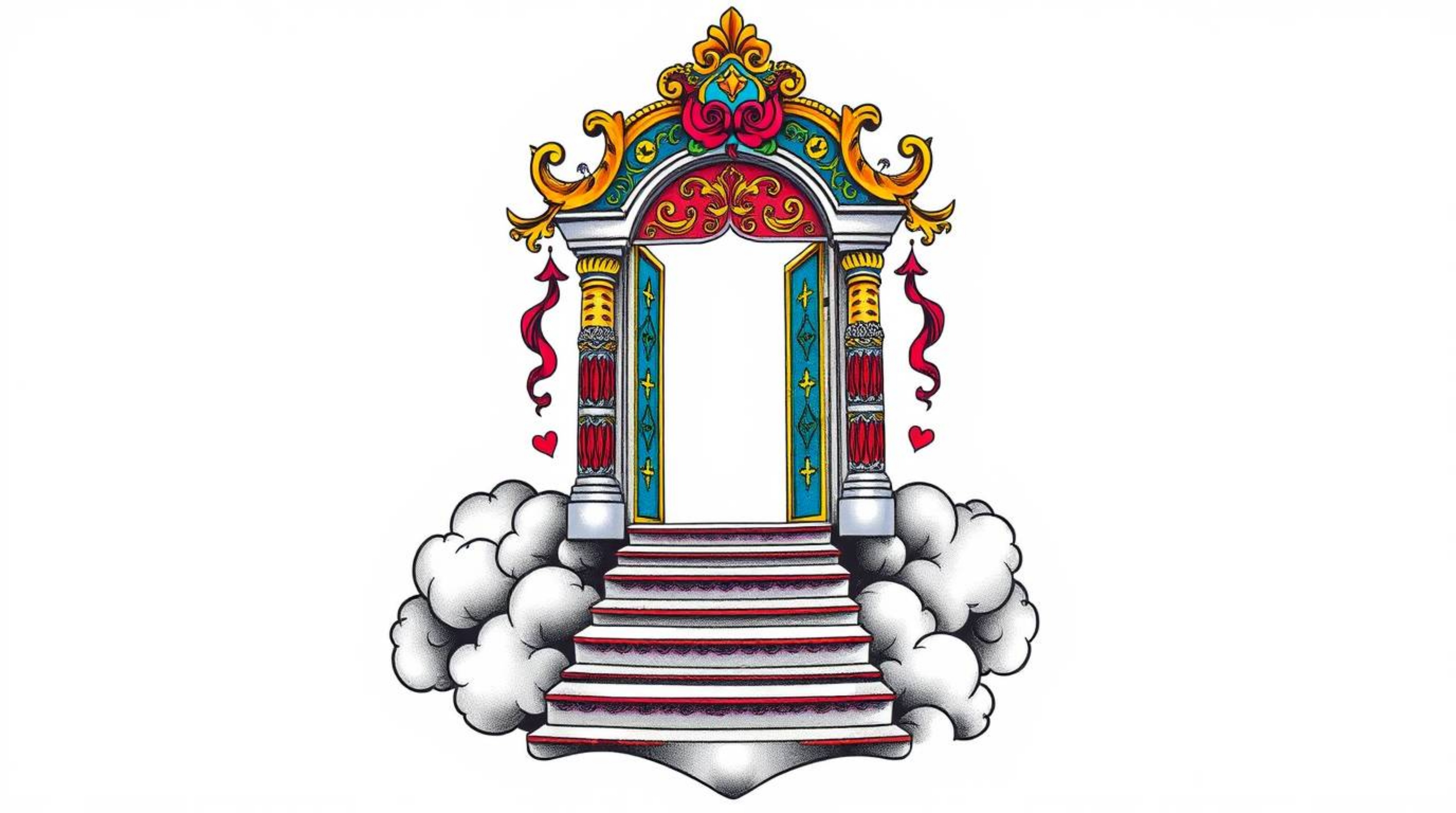 This symbolic traditional tattoo art print showcases a heavenly gate floating serenely above the clouds, with vibrant colors 