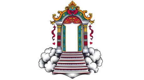 This symbolic traditional tattoo art print showcases a heavenly gate floating serenely above the clouds, with vibrant colors 