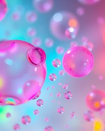 A stunning macro close-up image showcasing floating 3D blobs of fluid jelly, bursting with vibrant colors and intricate synth