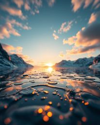 An extreme macro close-up image rendered in a futuristic sci-fi style, depicting a glassy fjord reflecting a sunset. This art