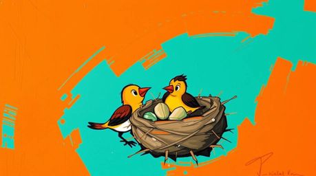 A bold and vibrant acrylic painting depicts two cartoon birds diligently constructing a nest, reminiscent of classic animatio