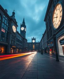 Capture the epic scale and dramatic atmosphere of an empty town square in this long exposure photograph. Ticking clocks and m
