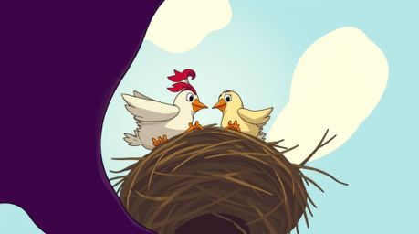 A captivating low-angle shot depicts two cartoon birds meticulously constructing a nest in a classic animation style. The sc