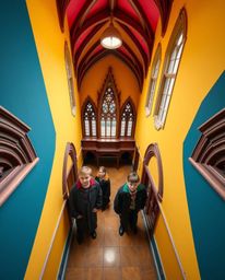 Capture the enchanting allure of a magical school from a high-angle perspective, showcasing young wizards amidst detailed arc