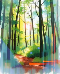 A delicate watercolor painting of a natural forest scene is dramatically enhanced with a digital glitch effect, creating a su