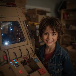 Exquisite high-fashion photography captures a boy's radiant joy as he stands beside his magnificent cardboard spaceship.  Dim