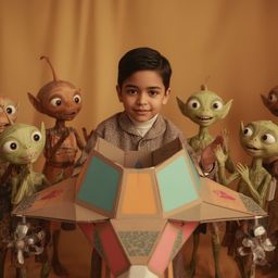 Discover exquisite high-fashion photography of a boy building a vibrant, intricately designed cardboard spaceship in a Pixar-