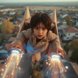A captivating image in a Pixar-inspired style depicts a stylish boy with bright eyes, piloting a meticulously crafted cardboa