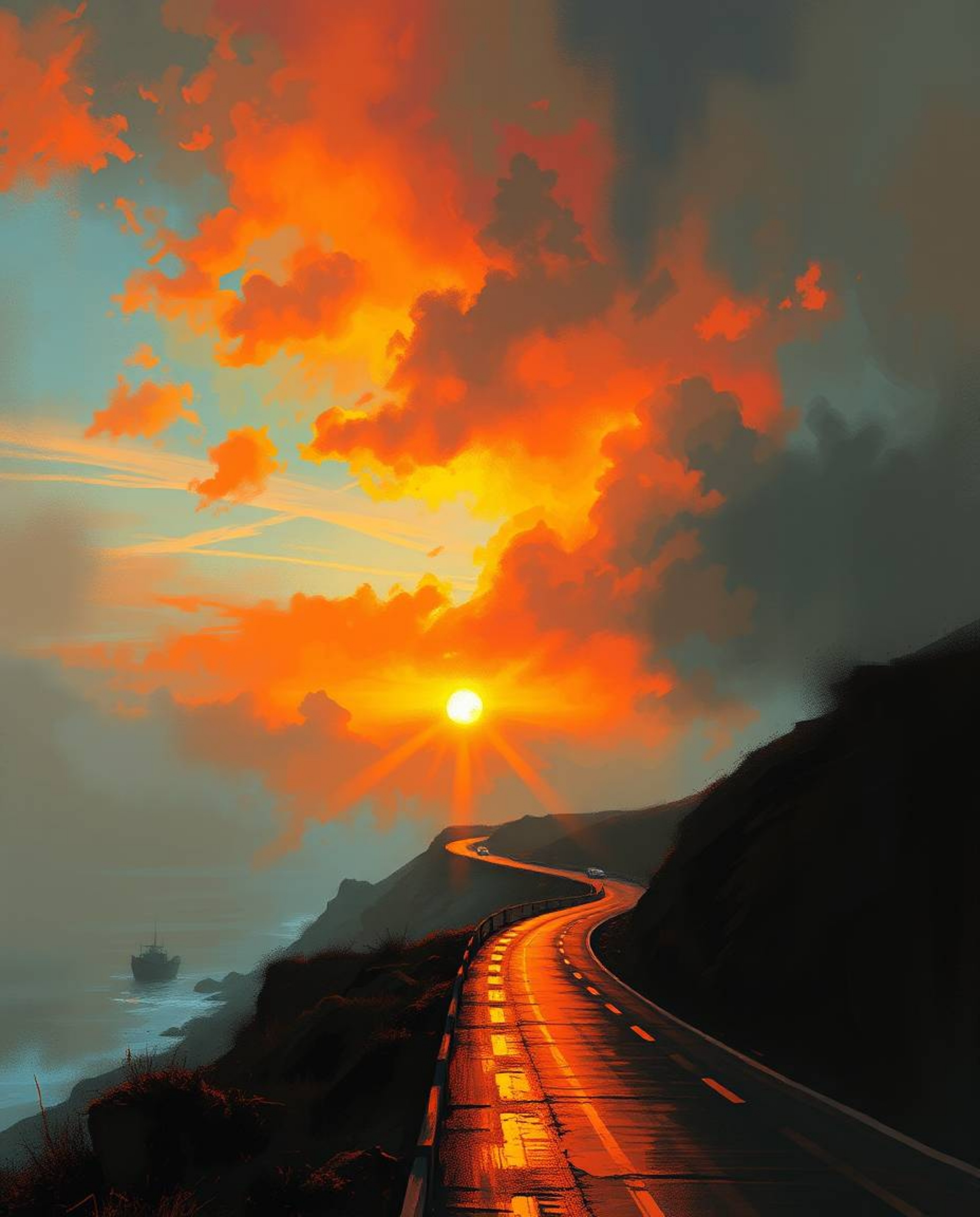 This dynamic digital sketch captures a sunset sky over a winding coastal highway in complementary epic colors. Characterized 