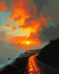 This dynamic digital sketch captures a sunset sky over a winding coastal highway in complementary epic colors. Characterized 