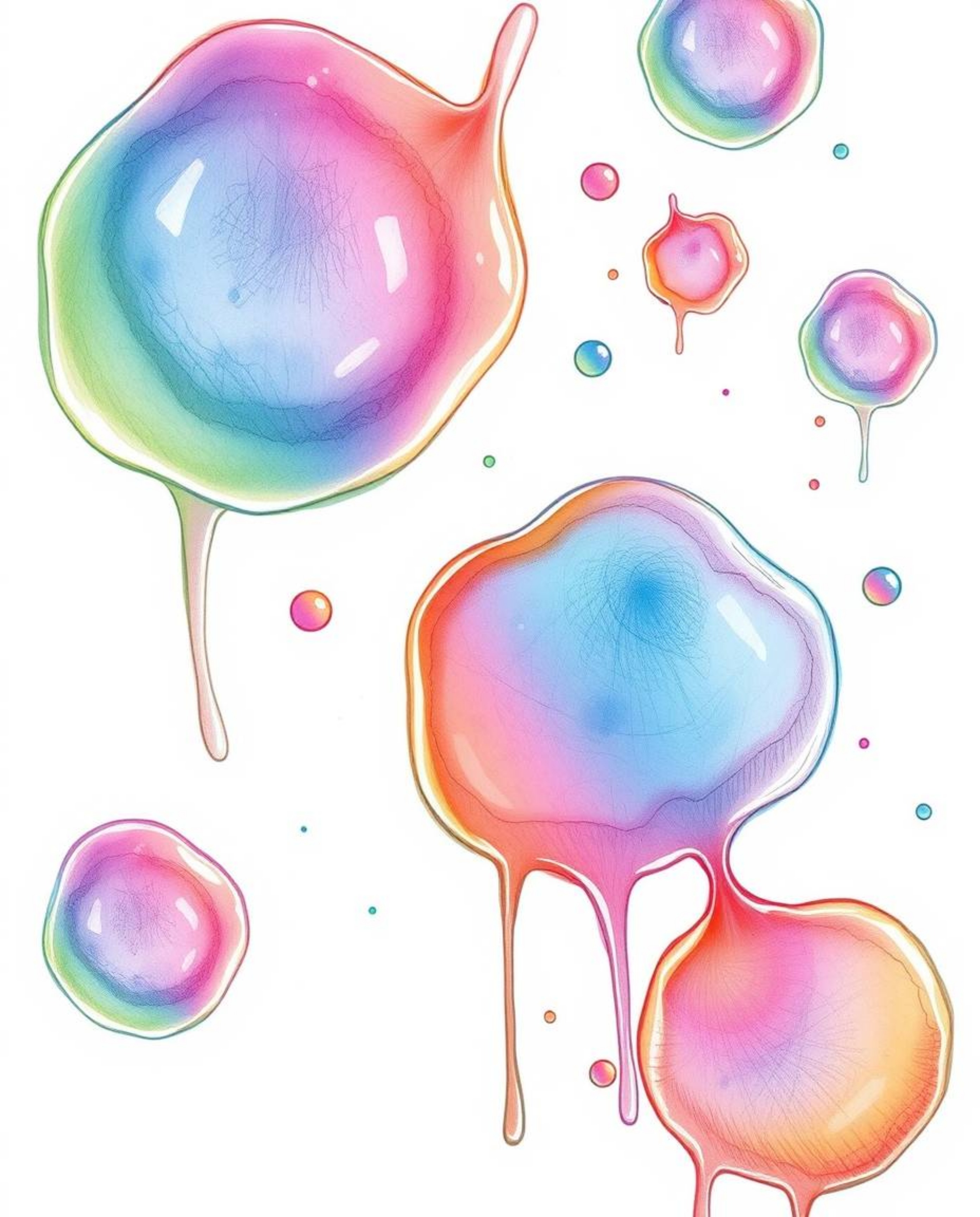 A hand-drawn sketch featuring floating 3D blobs of fluid jelly rendered in vibrant colors and synthetic textures creates a my