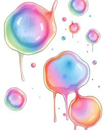 A hand-drawn sketch featuring floating 3D blobs of fluid jelly rendered in vibrant colors and synthetic textures creates a my
