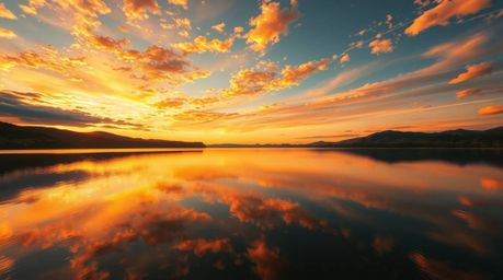 A professional photograph showcasing a tranquil lake mirroring a vibrant sunset.  The image is styled with warm golden tones,