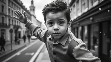 A captivating candid black and white street photograph captures a young boy with elegant features, seemingly flying above Lon