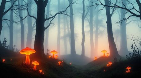 Experience a captivating vintage-style enchanted forest scene rendered in vibrant complementary colors. Glowing mushrooms pie