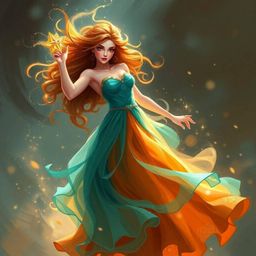 A vibrant digital painting depicts a fairy godmother in a striking contrast of warm terracotta and cool teal. She appears in