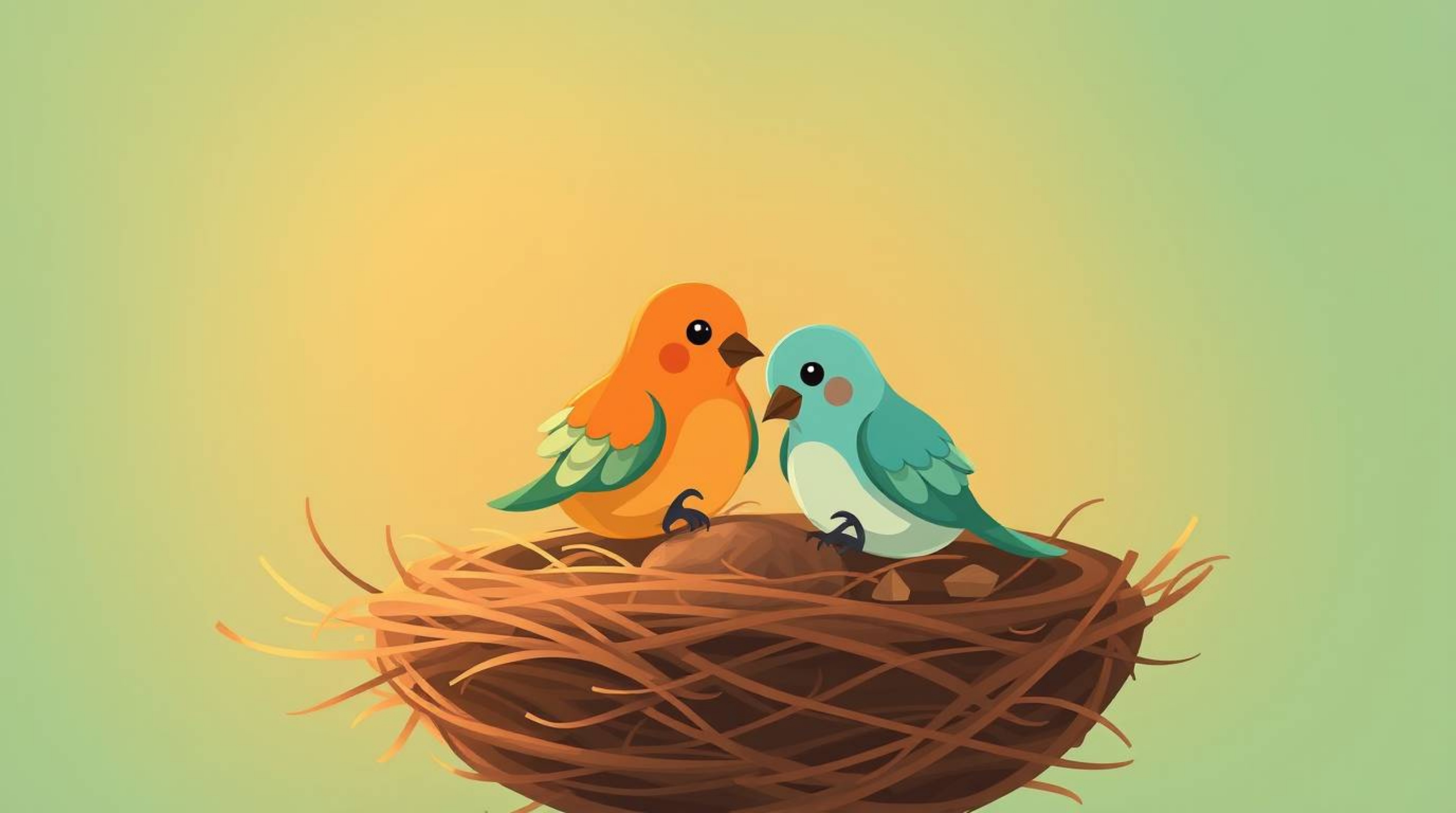 A charming animation featuring two cartoon birds building a nest, rendered in a classic style with a warm terracotta and cool