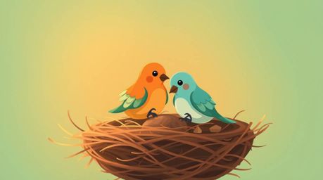 A charming animation featuring two cartoon birds building a nest, rendered in a classic style with a warm terracotta and cool