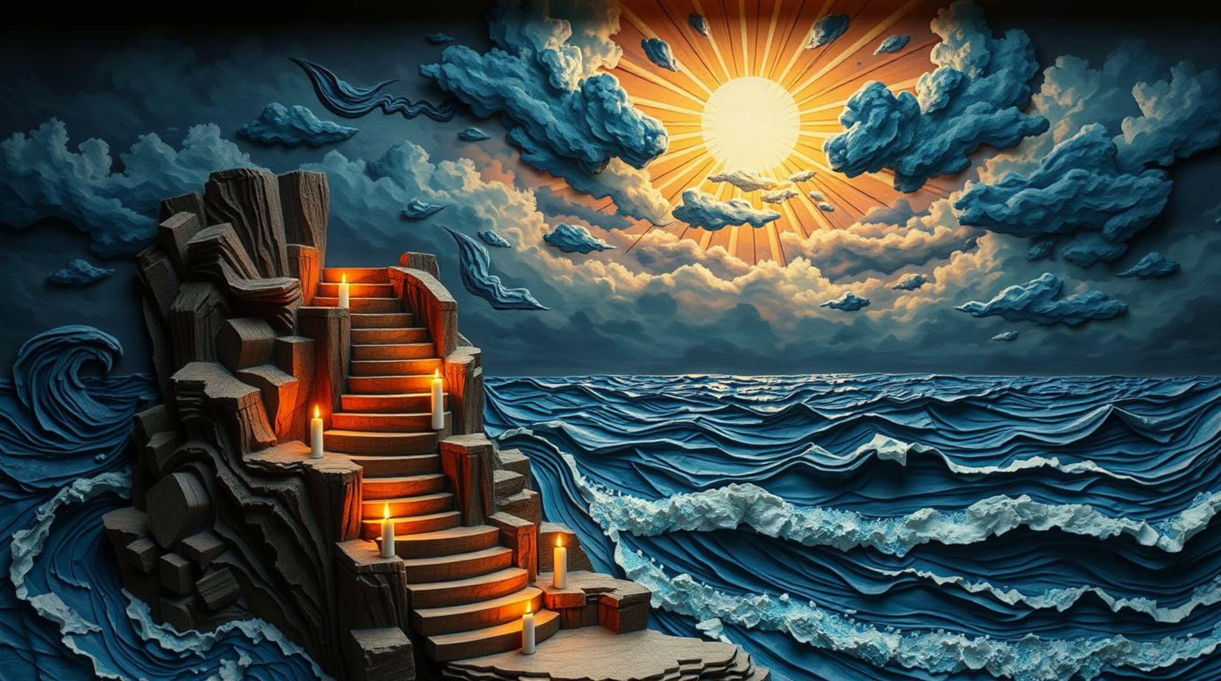 A breathtaking artwork depicts a dramatic ocean staircase ascending towards a stormy sky illuminated by a divine sunburst. Cr