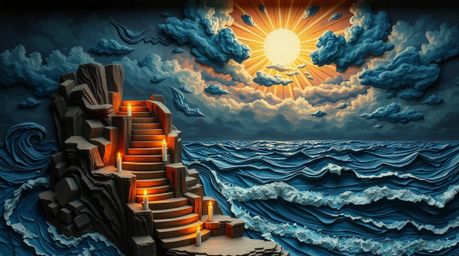 A breathtaking artwork depicts a dramatic ocean staircase ascending towards a stormy sky illuminated by a divine sunburst. Cr
