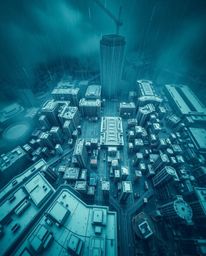 Capturing the essence of a modern metropolis, this architectural color photograph presents an abstract city map composed of g