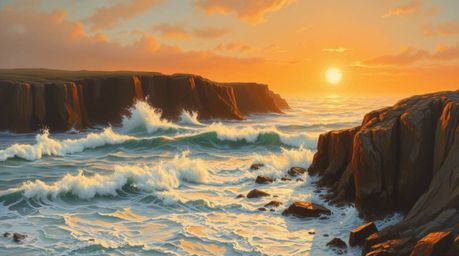 A classic oil painting depicting waves crashing dramatically against rugged cliffs, all bathed in the warm, vibrant light of 