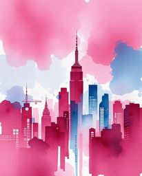 A sophisticated and elegant watercolor painting depicts a glitchy digital landscape.  Distorted skyscrapers rise amidst stati