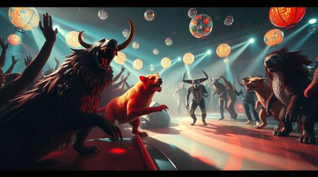 Witness an epic scene of animals grooving to the beat at a dazzling disco party!  Immerse yourself in vibrant iridescent refl