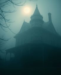 A cinematic vision unfolds, depicting a fog-shrouded Victorian mansion bathed in ethereal moonlight. The soft focus and hazy 