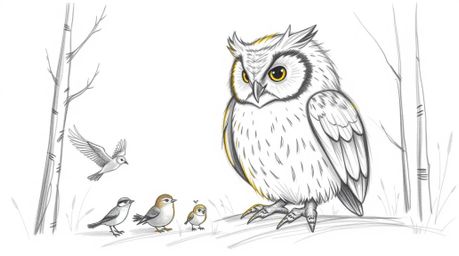 A heartwarming hand-drawn pencil sketch depicting a large, gentle blind owl guiding diverse small birds in a golden-lit fores