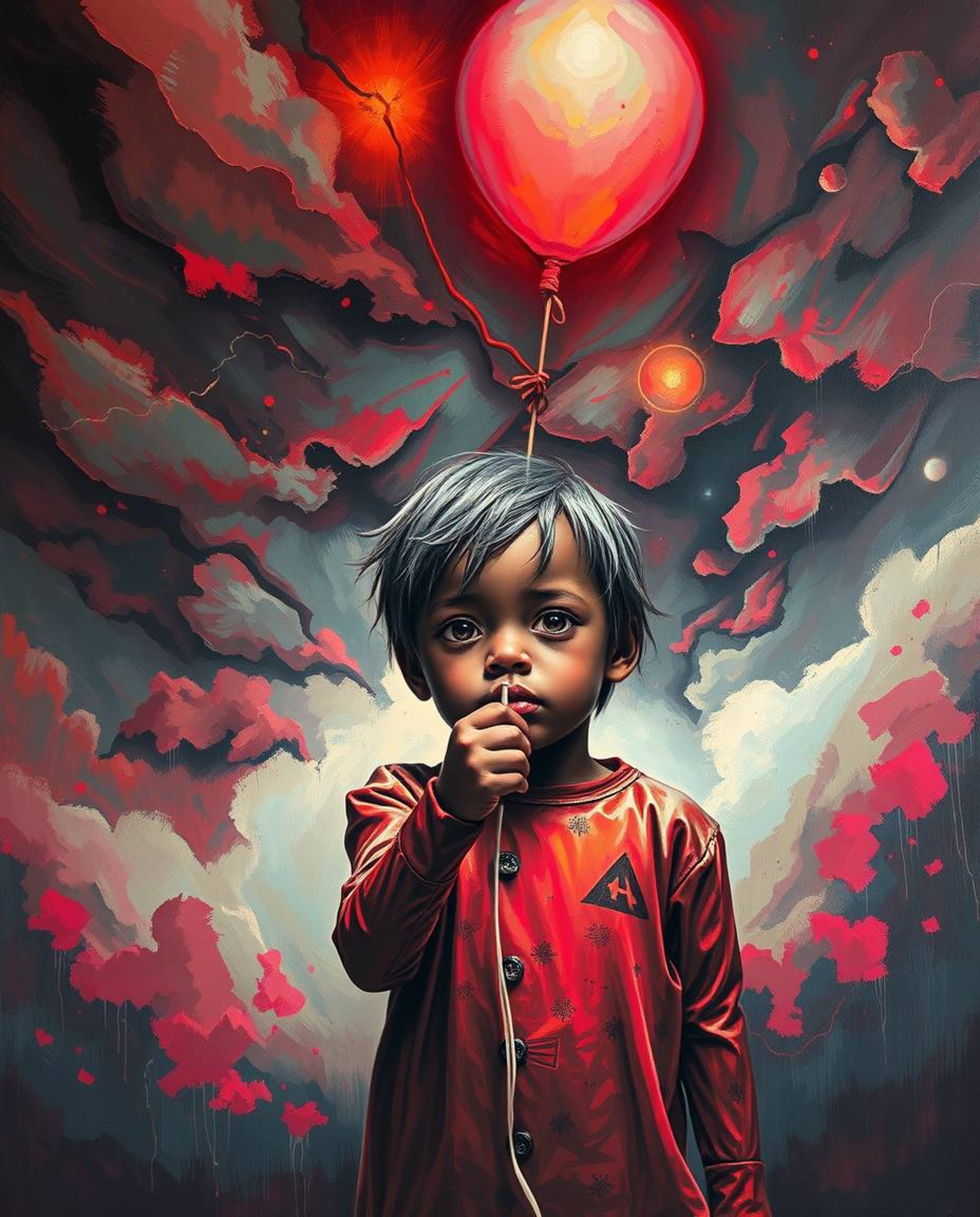 A captivating surreal acrylic painting showcases a child with dark features holding a balloon amidst a dramatic, stormy backd
