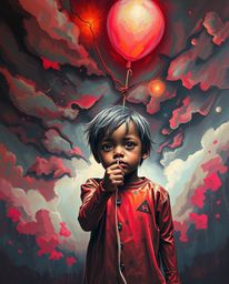 A captivating surreal acrylic painting showcases a child with dark features holding a balloon amidst a dramatic, stormy backd