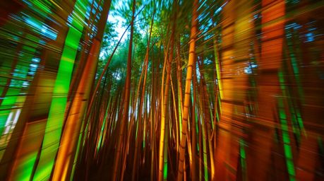 Experience the breathtaking beauty of a dynamic motion image featuring a bamboo forest illuminated with glowing bioluminescen