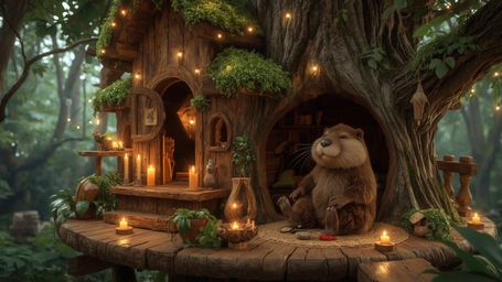 A highly detailed, vibrant, and warm high-resolution stock photo shows a serene beaver with a fluffy brown coat, wearing a ti
